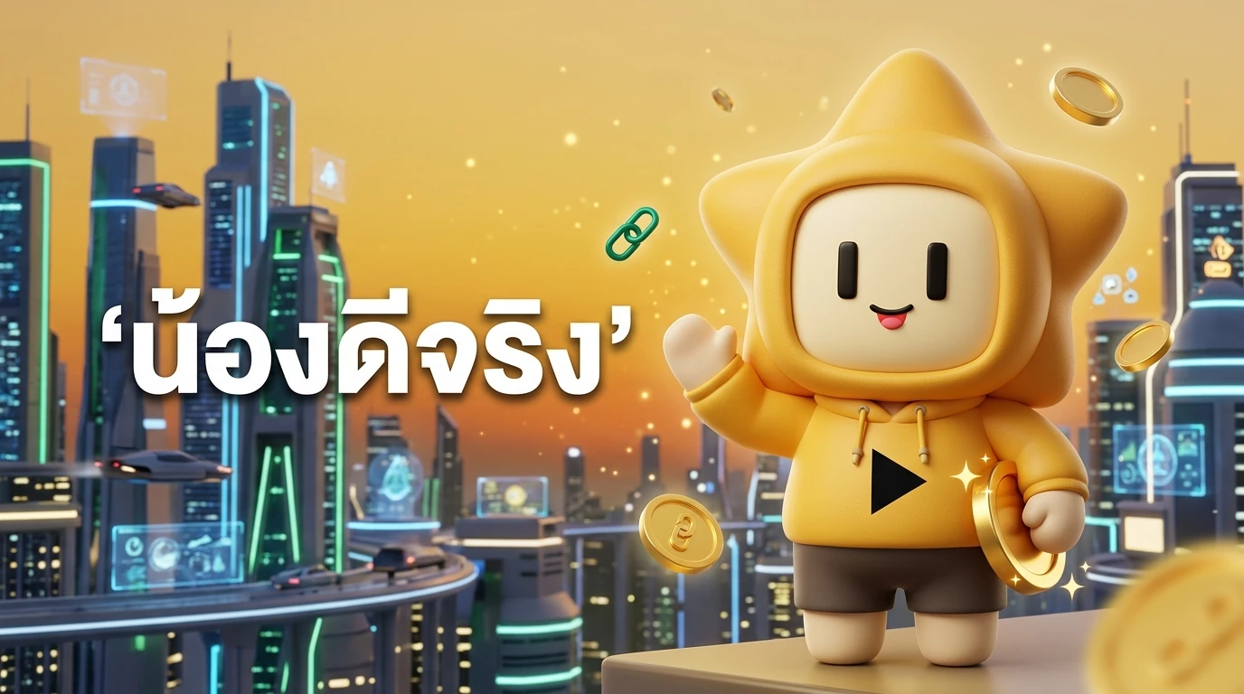 'Nong Dee Jing' mascot waving goodbye with a big smile, holding a gold coin, with a background of a modern digital city in 2026.