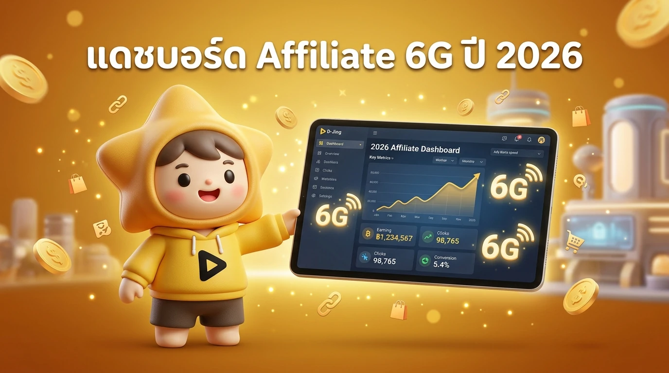 Mockup of "Nong D-Jing" mascot holding a tablet showing a 2026 Affiliate Dashboard with high-speed 6G icons