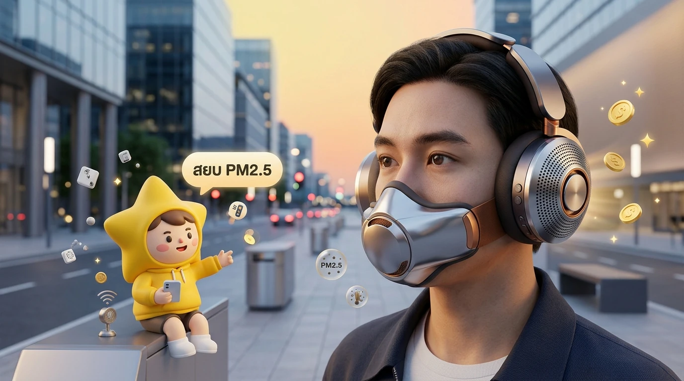 High-quality lifestyle photo of someone wearing Dyson Zone Gen 2 in a modern city setting