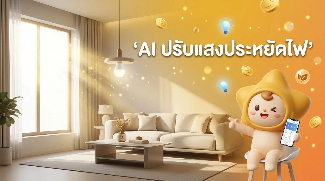 Infographic showing AI Smart Lighting dimming as natural sunlight enters the room