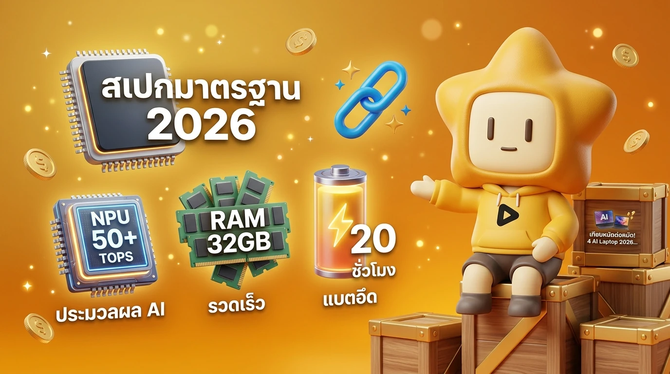 Infographic showing the 2026 standard specs: NPU 50+ TOPS, 32GB RAM, and 20-hour battery life icon
