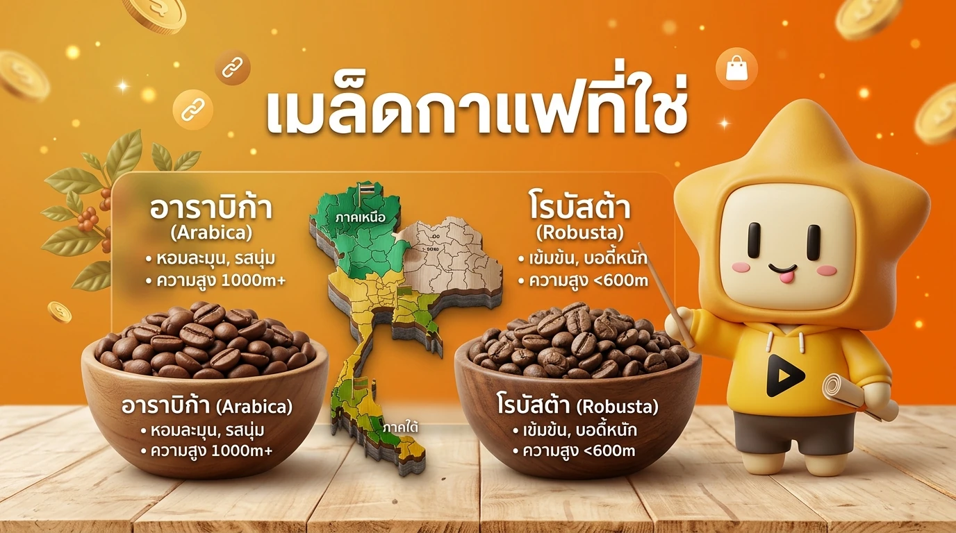 Side-by-side comparison of Arabica vs Robusta beans and Thai growing regions map