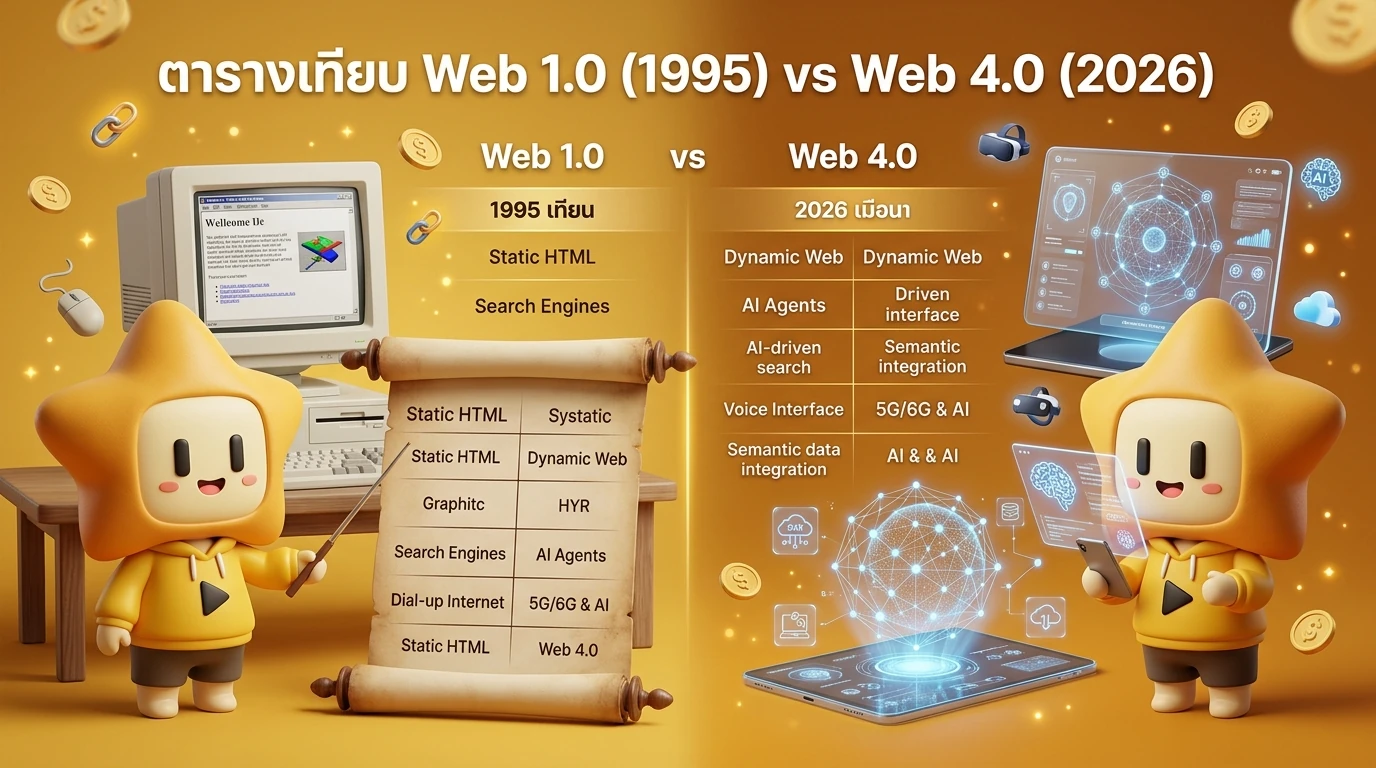 Comparison table showing Web 1.0 features in 1995 vs Web 4.0 features in 2026