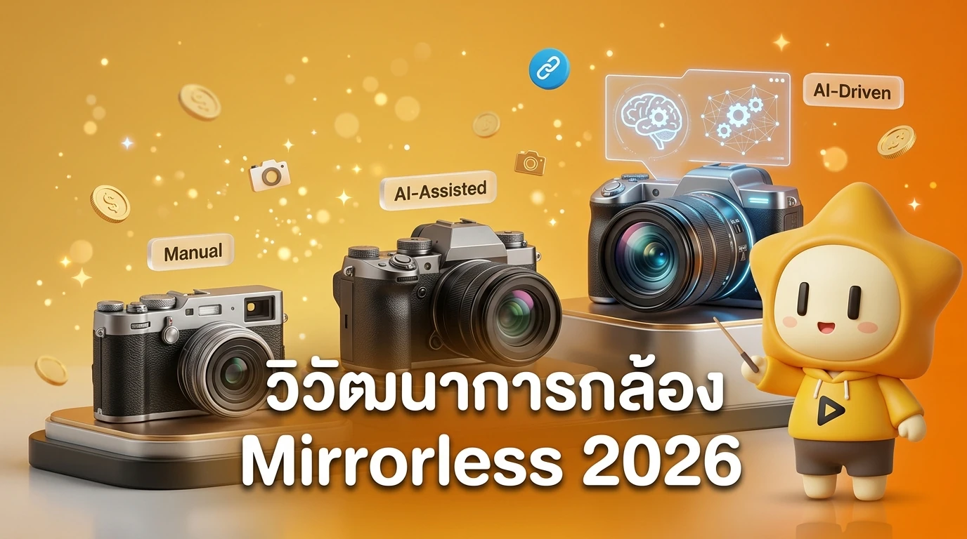 Infographic showing the evolution of Mirrorless cameras from manual to AI-driven in 2026