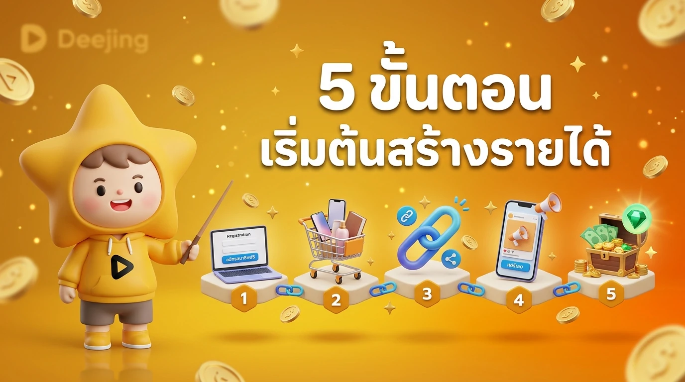Step-by-step roadmap showing 5 steps to start with Deejing Affiliate, from sign-up to earning commission.