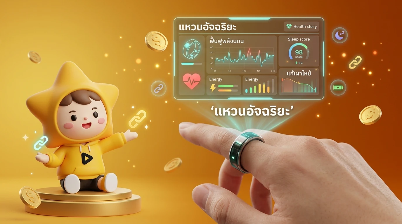 Close-up of a high-tech smart ring on a finger with a holographic health dashboard displayed above it