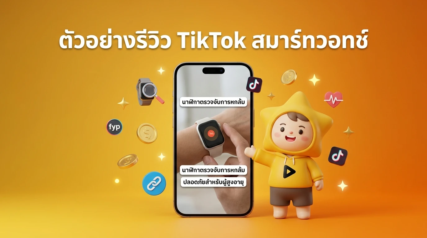 Mockup of a TikTok video reviewing a fall detection smartwatch with captions in Thai