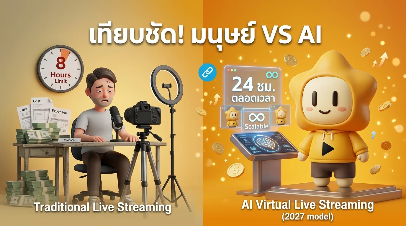 A side-by-side comparison chart showing the differences between Traditional Live Streaming Human and AI Virtual Live Streaming 2027 model in terms of cost, hours, and scalability.
