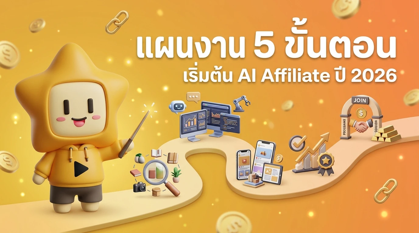 A step-by-step 5-stage roadmap infographic for starting AI Affiliate in 2026 with icons for Niche, AI tools, Assets, Quality, and Joining.
