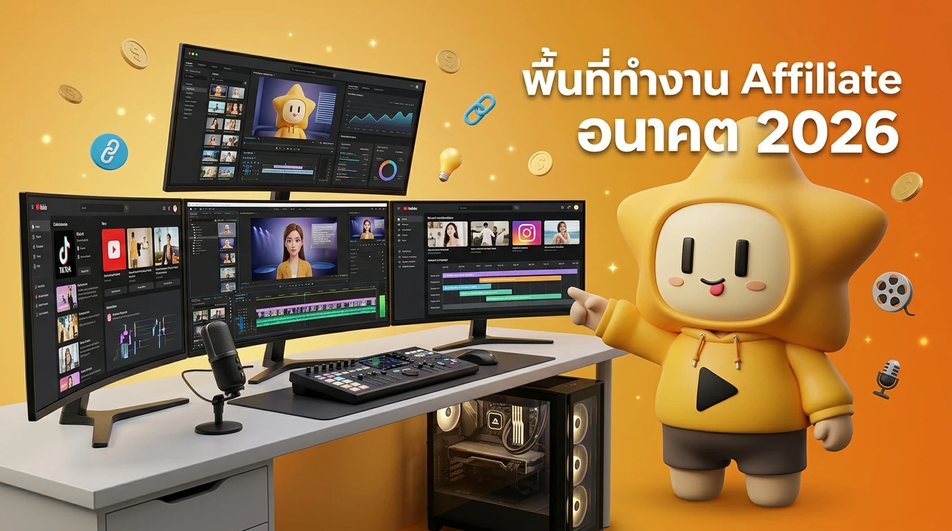 A futuristic workspace of a 2026 affiliate creator using AI tools on multiple monitors to generate and edit video content for various brands.