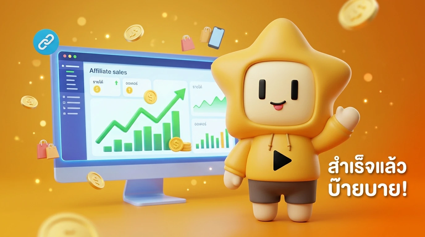 A friendly "Nong Dee Jing" mascot waving goodbye in front of a digital dashboard showing rising affiliate sales graphs.