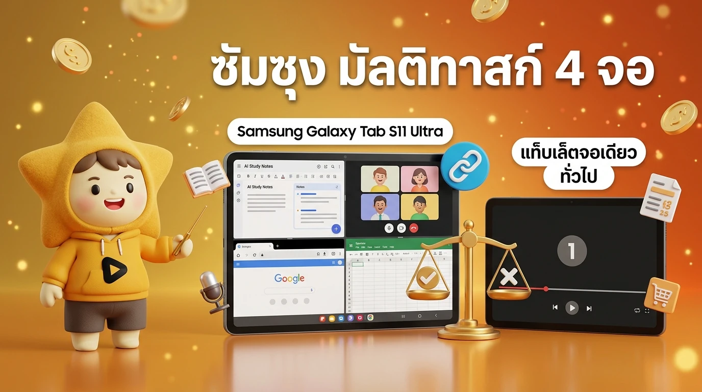 Infographic comparing Samsung Galaxy Tab S11 Ultra's 4-screen multitasking vs a traditional single-screen tablet