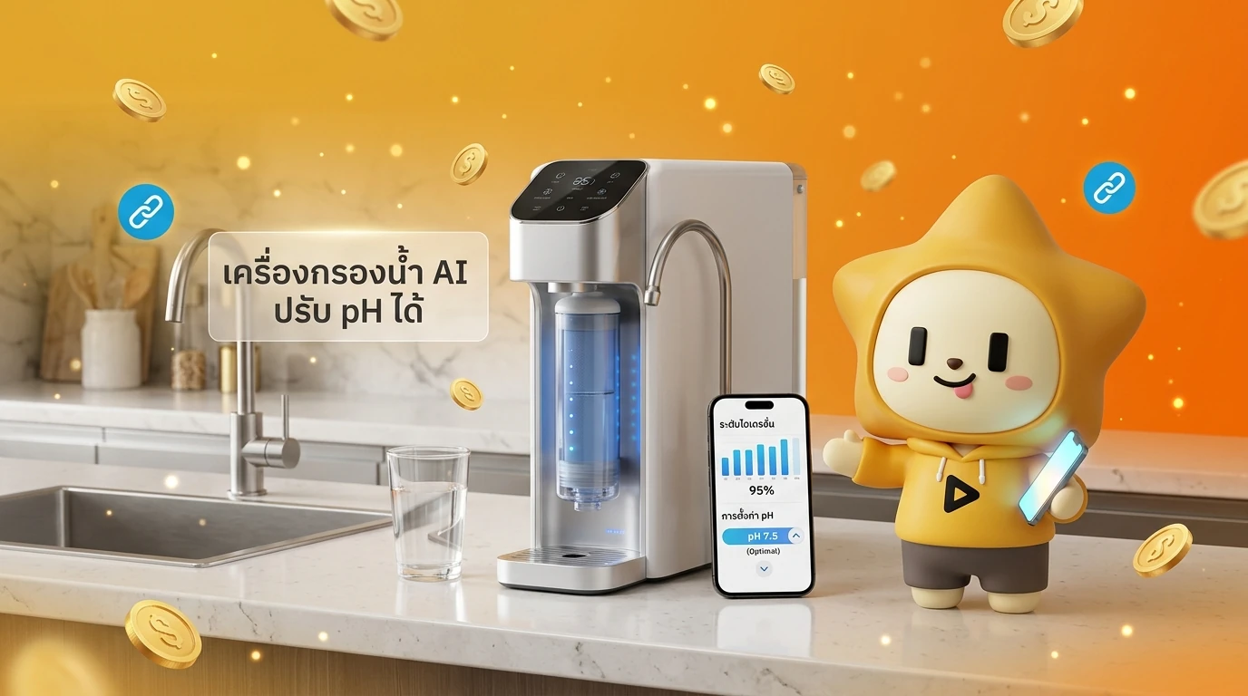Minimalist AI water purifier on a kitchen counter, connected to a smartphone showing hydration levels and customized pH settings