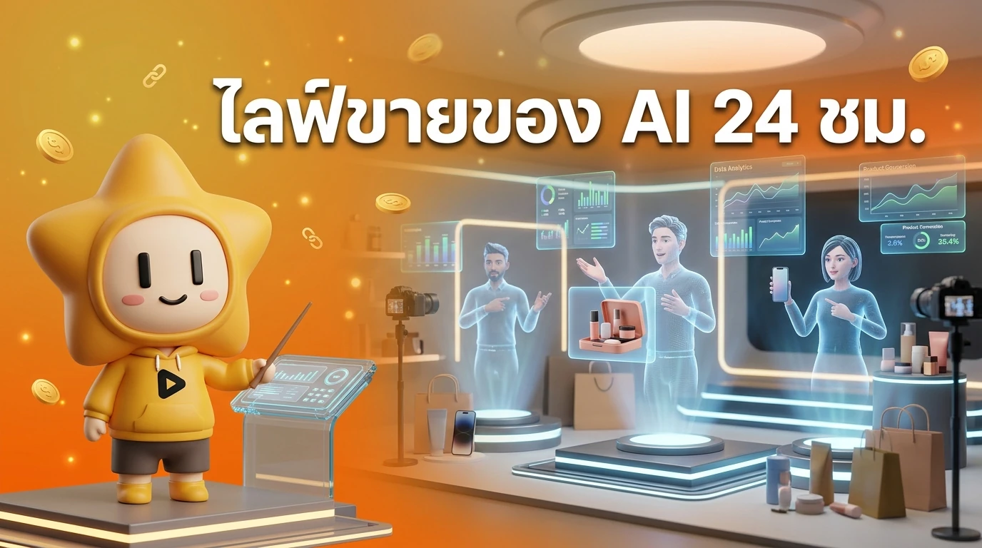 A high-tech digital studio featuring multiple holographic AI influencers live-streaming products, with data analytics floating in the air.