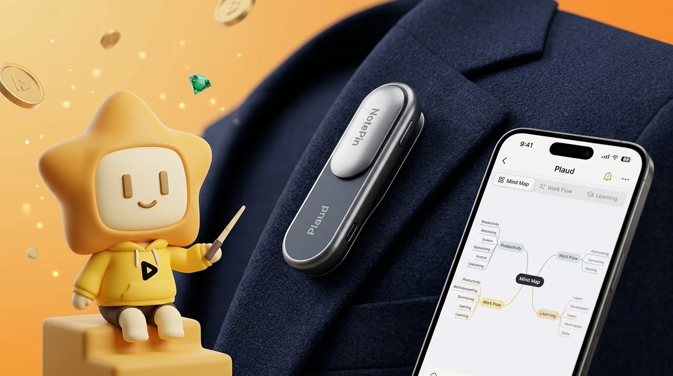 Close-up of Plaud NotePin being worn on a blazer, showing its sleek design and the mobile app displaying a generated Mind Map