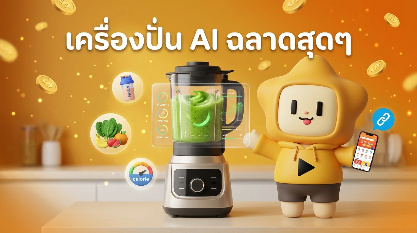 High-tech blender with a transparent OLED screen displaying vitamins, protein, and calorie content of the smoothie being blended