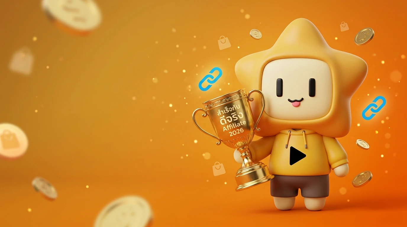 Final encouraging graphic featuring "Nong D-Jing" mascot holding a gold trophy with the text "Success with D-Jing Affiliate 2026"