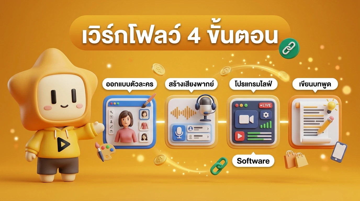 An infographic showing the 4-step workflow: Design -> Voice -> Software -> Scripting, using friendly icons and brand colors.