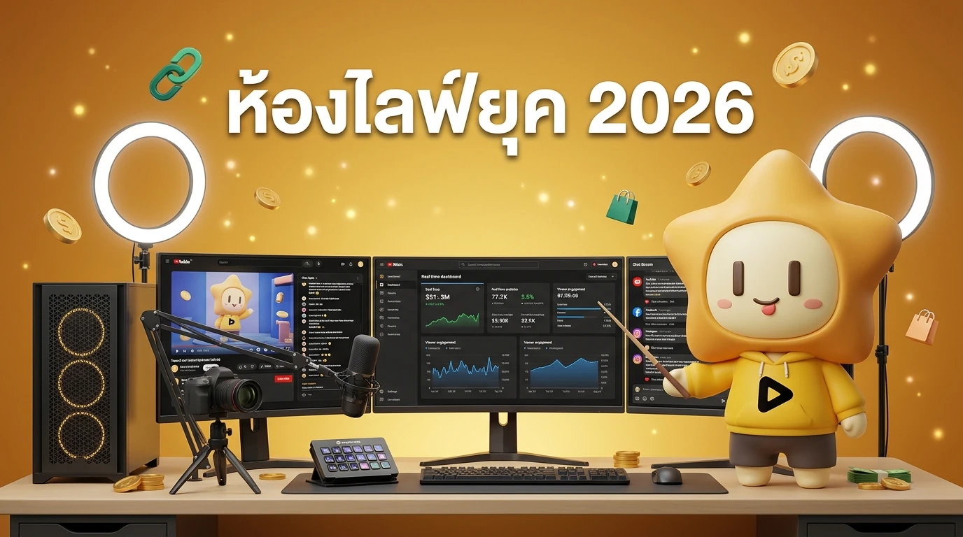 An infographic showing a 2026 setup for multi-platform live streaming with dual screens, ring lights, and a dashboard showing real-time sales and viewer engagement.
