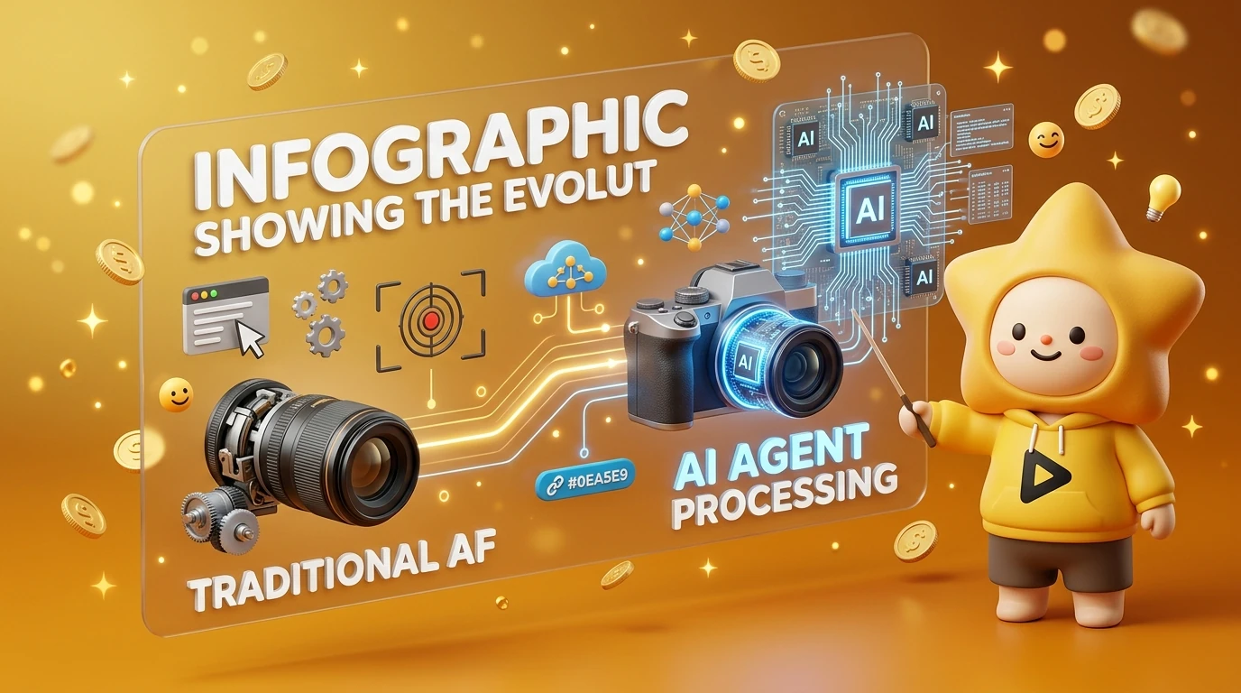 Infographic showing the evolution of camera technology from traditional autofocus to AI Agent processing in 2026