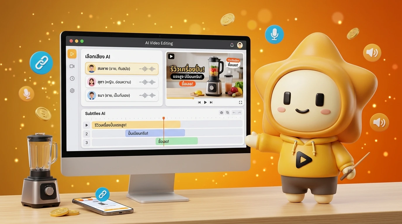 Screenshot mockup of an AI video editing tool showing automated subtitle generation and voiceover selection for a Thai product review