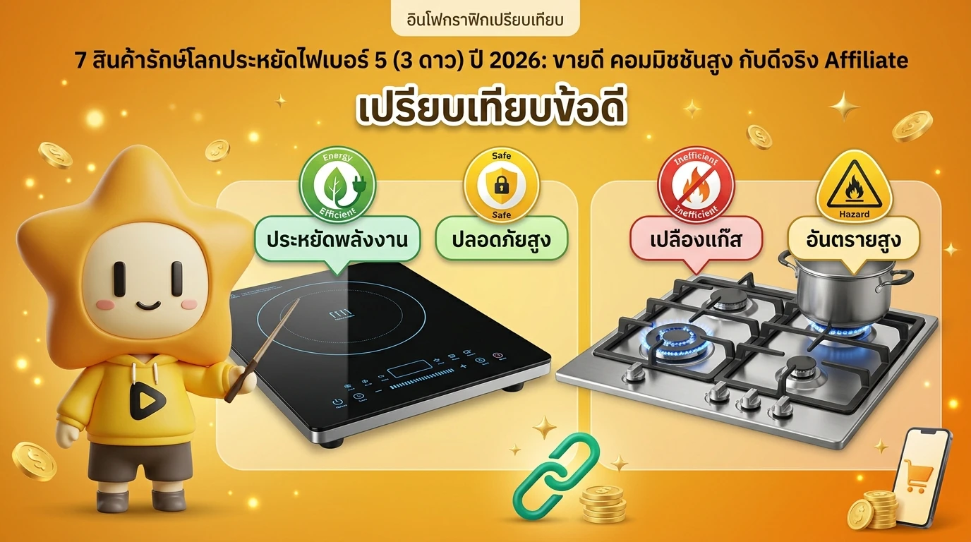 Comparison infographic between Induction Cooker and Gas Stove showing energy efficiency and safety benefits