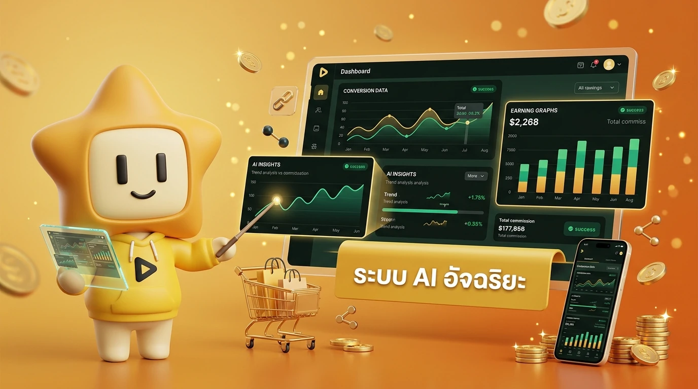 Mockup of a high-tech affiliate dashboard showing real-time conversion data, AI insights, and earning graphs