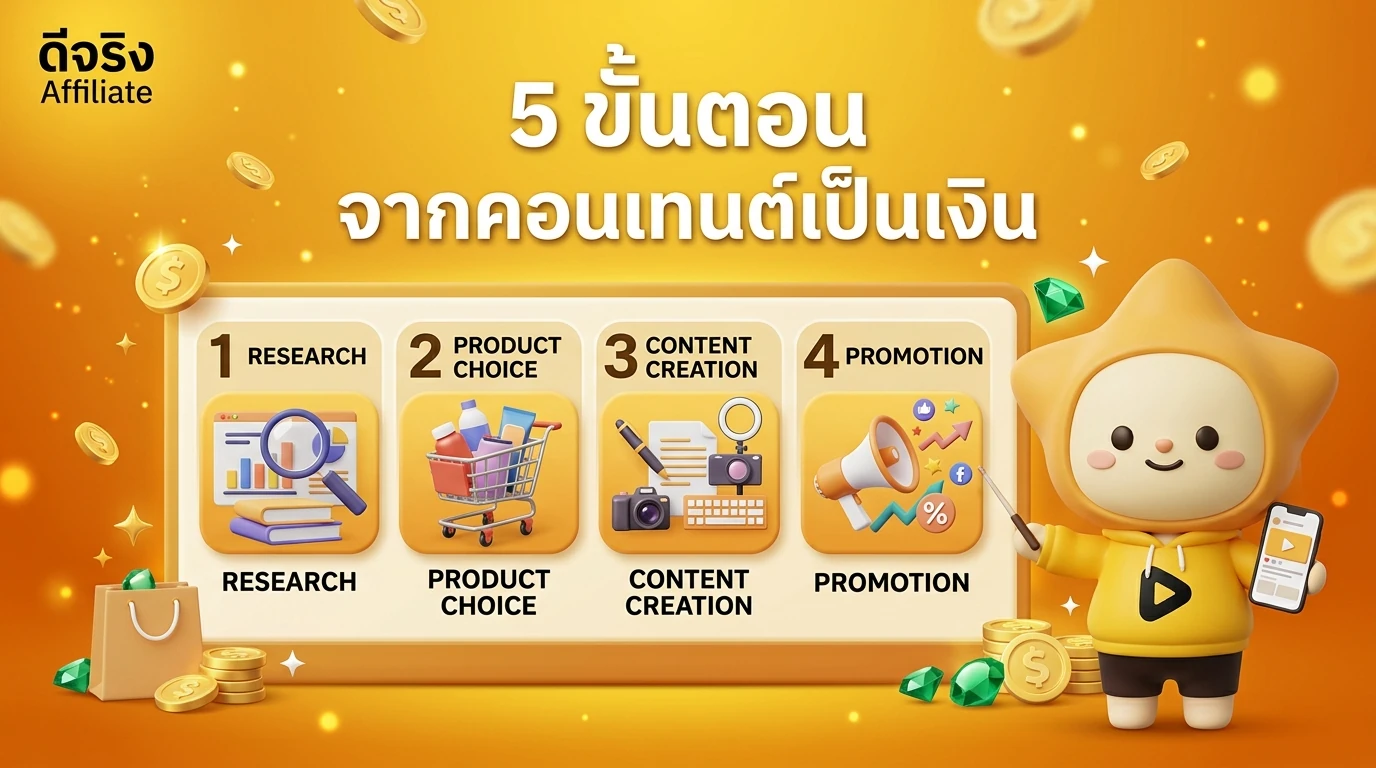Infographic showing "5 Steps to convert content to commission" with icons of research, product choice, content creation, promotion, and analytics