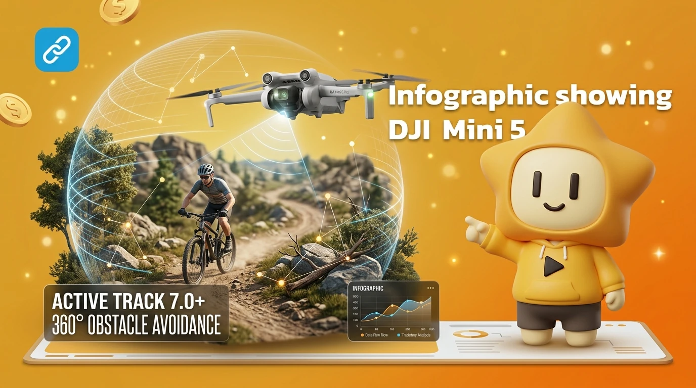 Infographic showing DJI Mini 5 Pro's AI ActiveTrack 7.0+ following a mountain biker with 360-degree obstacle avoidance visualization