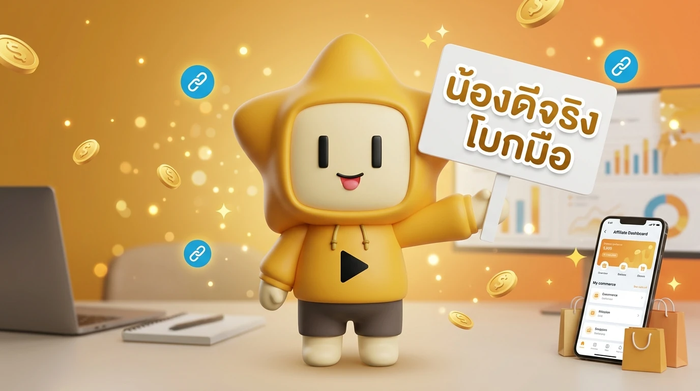 Mascot "Nong Dee Jing" waving and holding a sign that says "Start Your Affiliate Journey Today" with a professional background