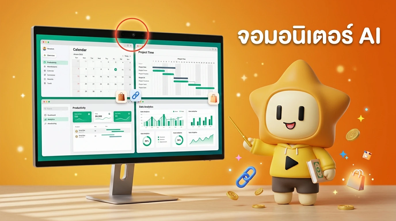 Close-up of an AI Smart Monitor showing a multitasking dashboard with eye-tracking sensor highlighted