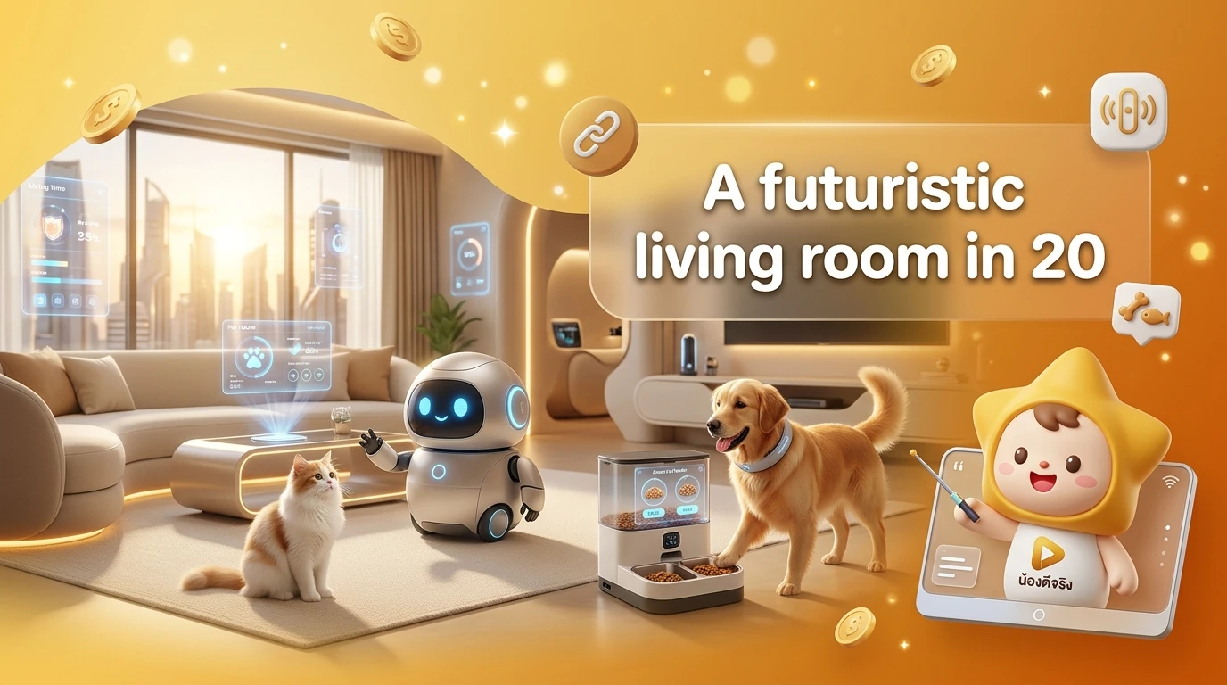A futuristic living room in 2026 with a cat and a dog interacting with various AI gadgets