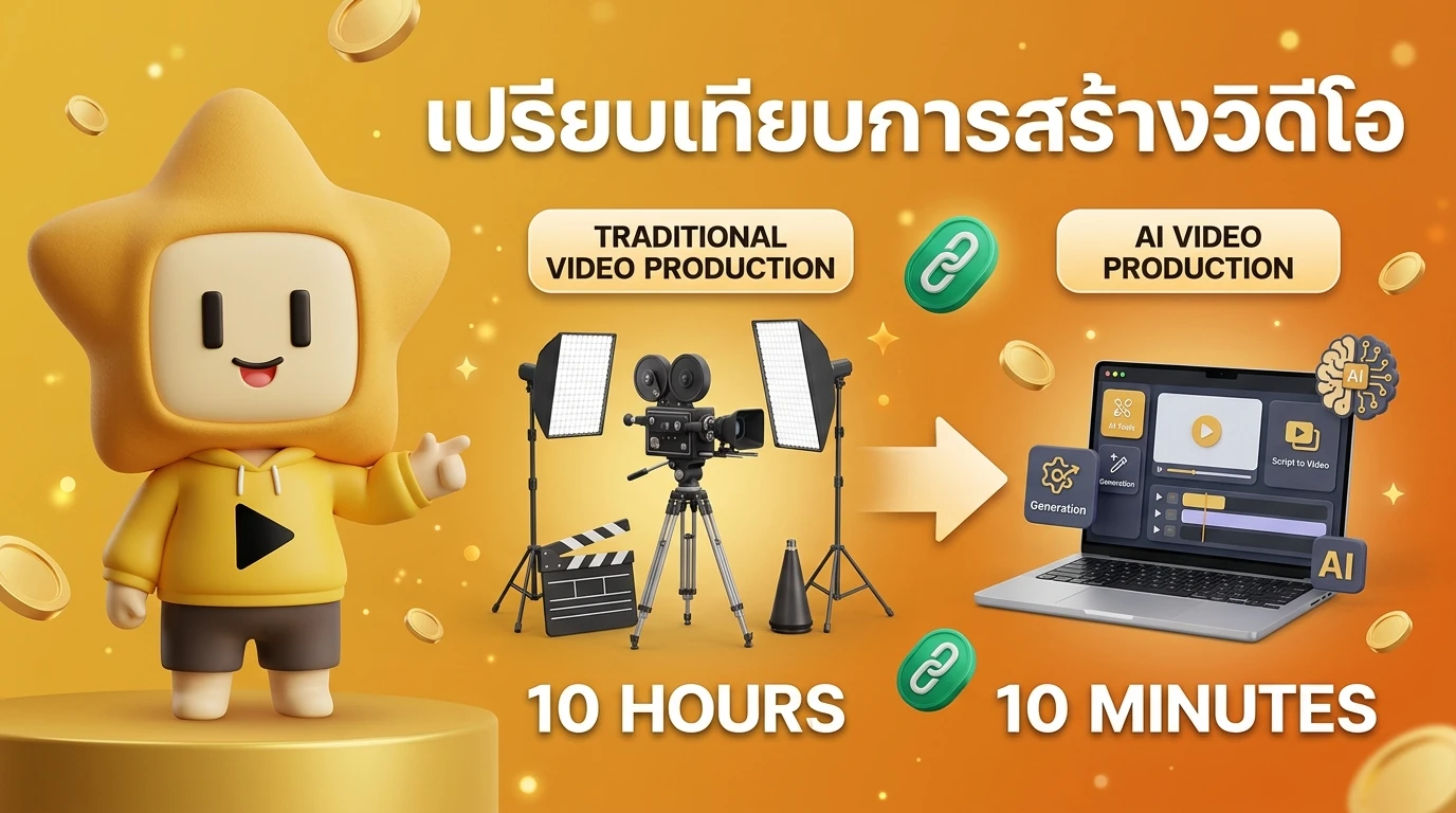 Comparison infographic showing the difference between traditional video production camera, lights, 10 hours vs AI video production laptop, AI tools, 10 minutes