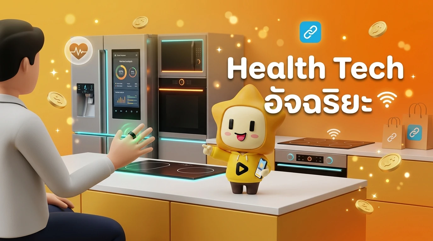 A modern 2026 home interior showing a person wearing a smart ring and a smart kitchen with AI appliances in the background, neon accents, and a clean aesthetic