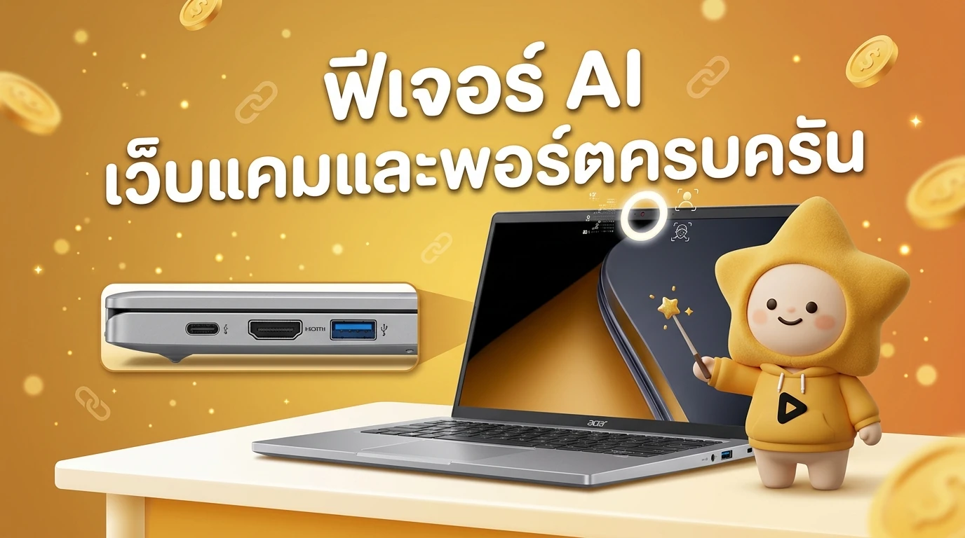Detailed close-up of Acer Swift Go 14 showing its various ports and the AI-powered webcam features