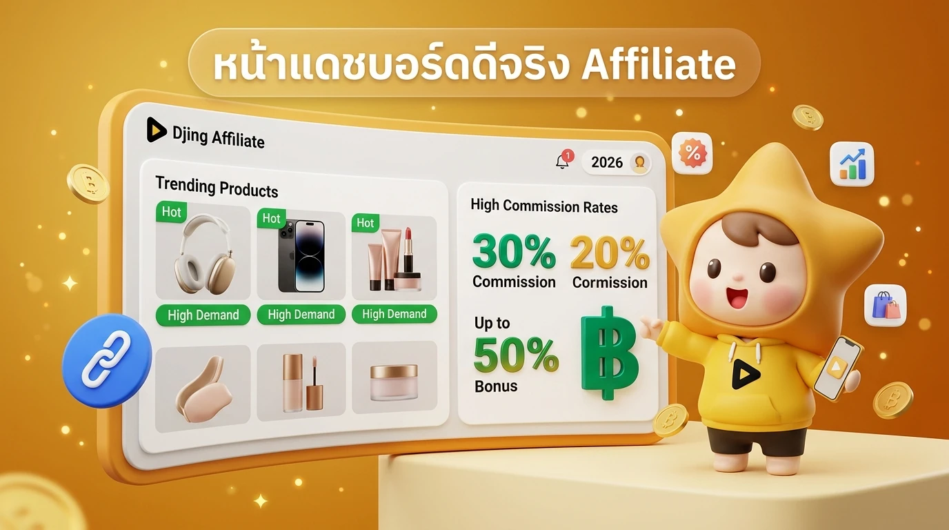Screenshot mockup of the Djing Affiliate dashboard showing trending products and high commission rates in 2026