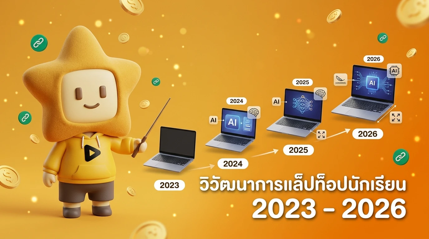Infographic showing the evolution of student laptops from 2023 to 2026 focusing on AI integration and portability