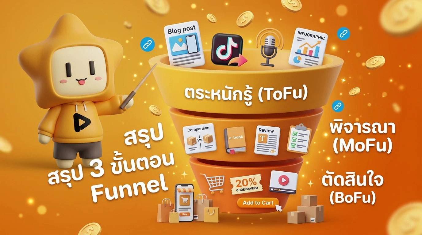 Detailed diagram of a 3-stage Affiliate Marketing Sales Funnel ToFu, MoFu, BoFu with icons representing content types for 2026