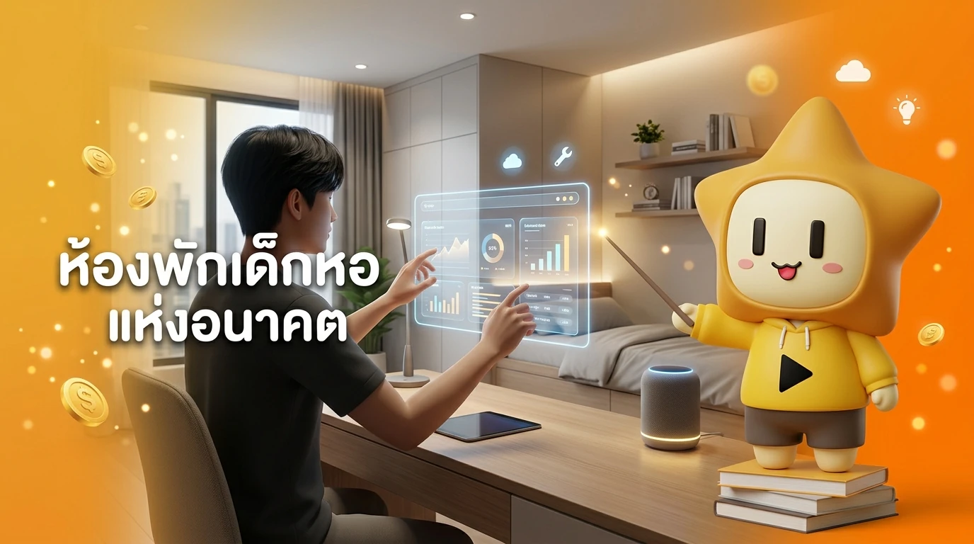 A futuristic student dorm room in 2026 with subtle AI smart devices, clean aesthetics, and a student studying with a digital interface