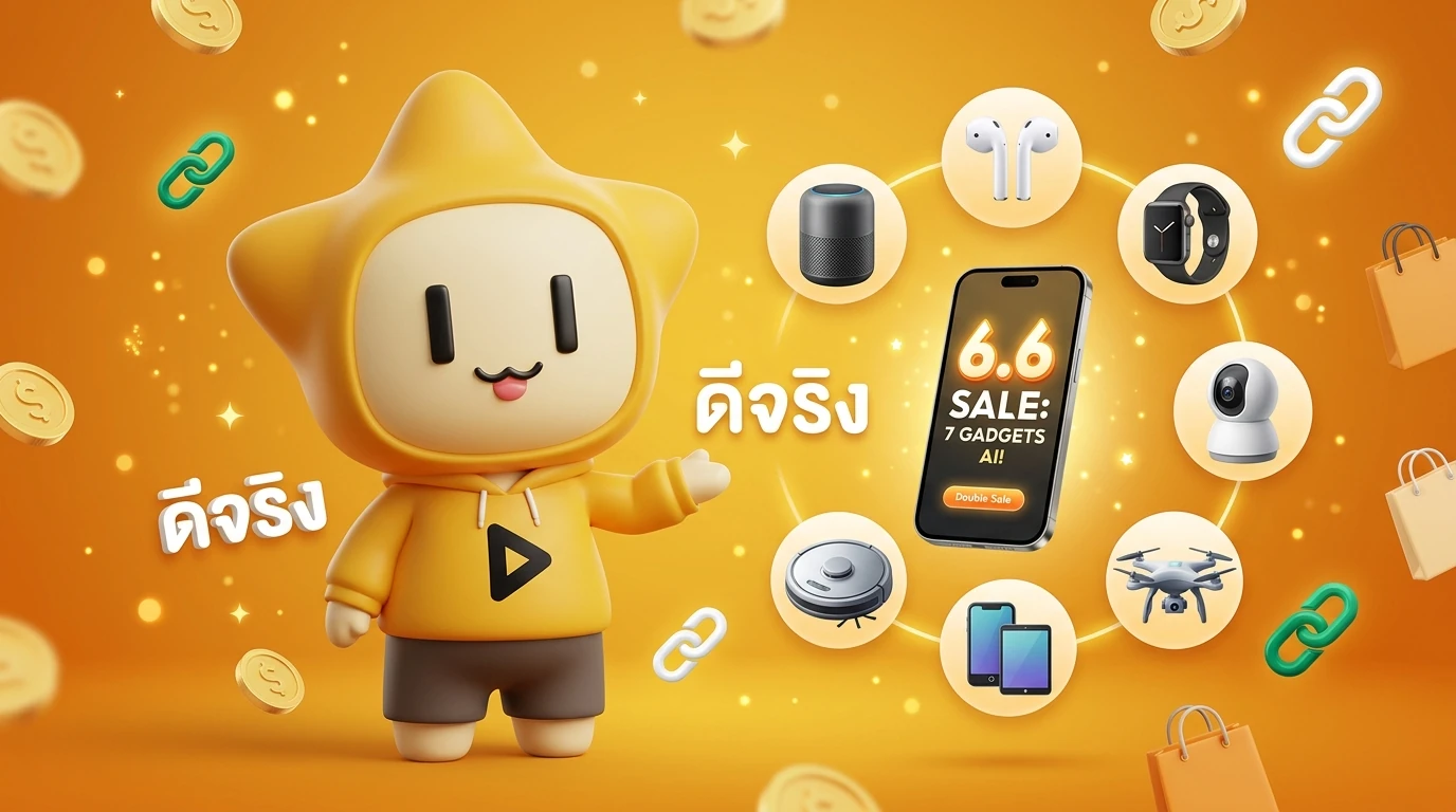 The mascot "Nong Dee Jing" smiling and holding a smartphone with a 6.6 sale notification, surrounded by icons of the 7 gadgets mentioned