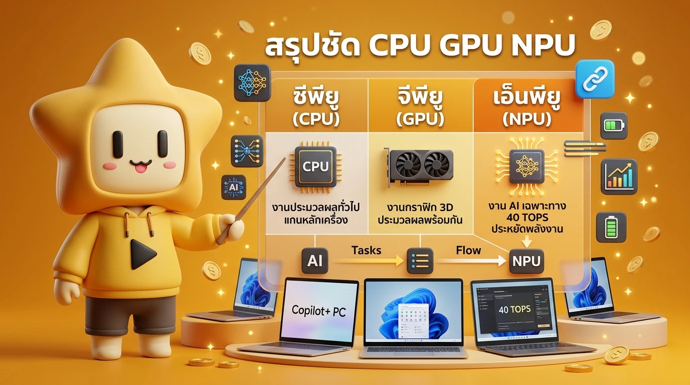 Infographic explaining the difference between CPU, GPU, and NPU for AI tasks in 2026 laptops
