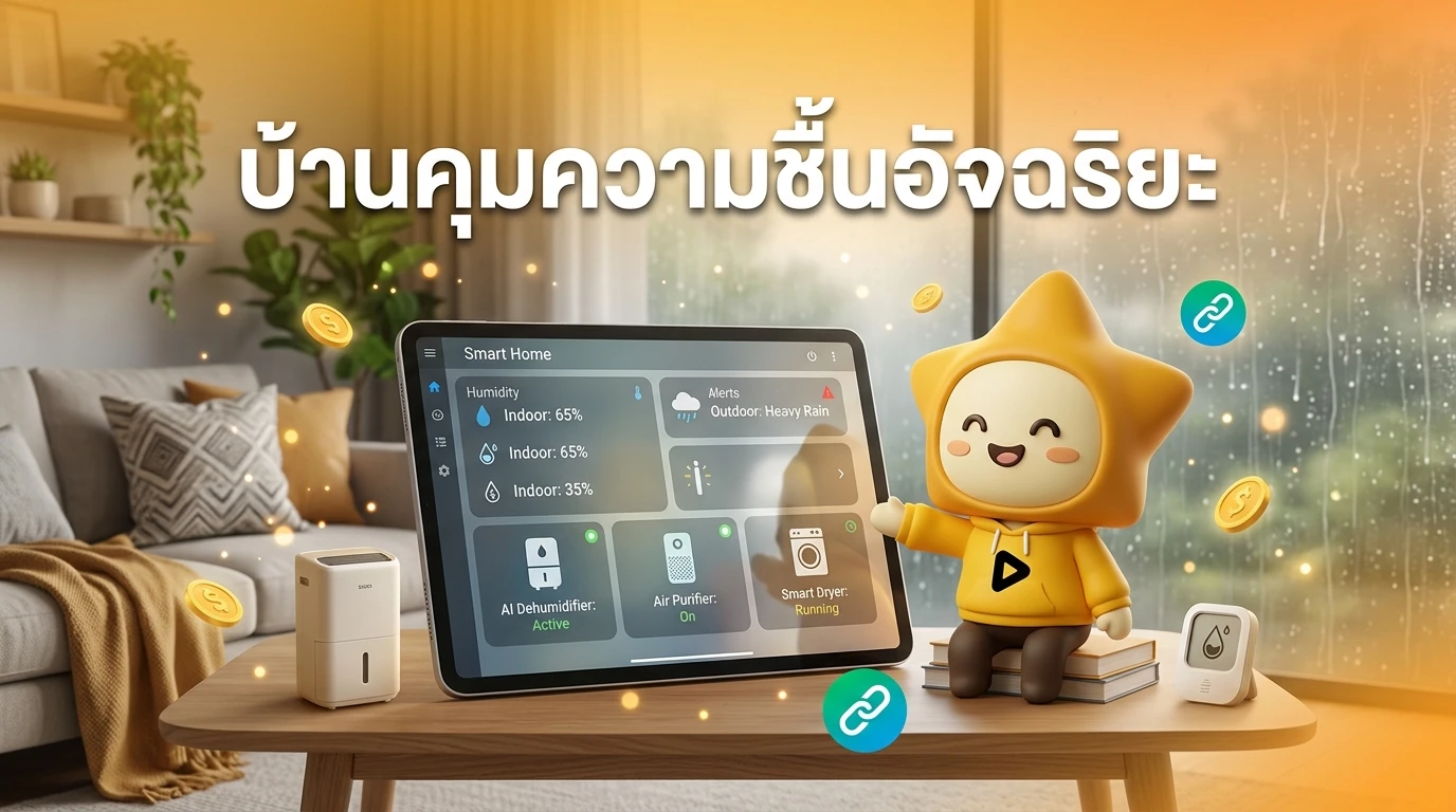 Smart home dashboard on a tablet showing humidity levels, outdoor rain alerts, and active smart devices in a cozy modern living room during rain