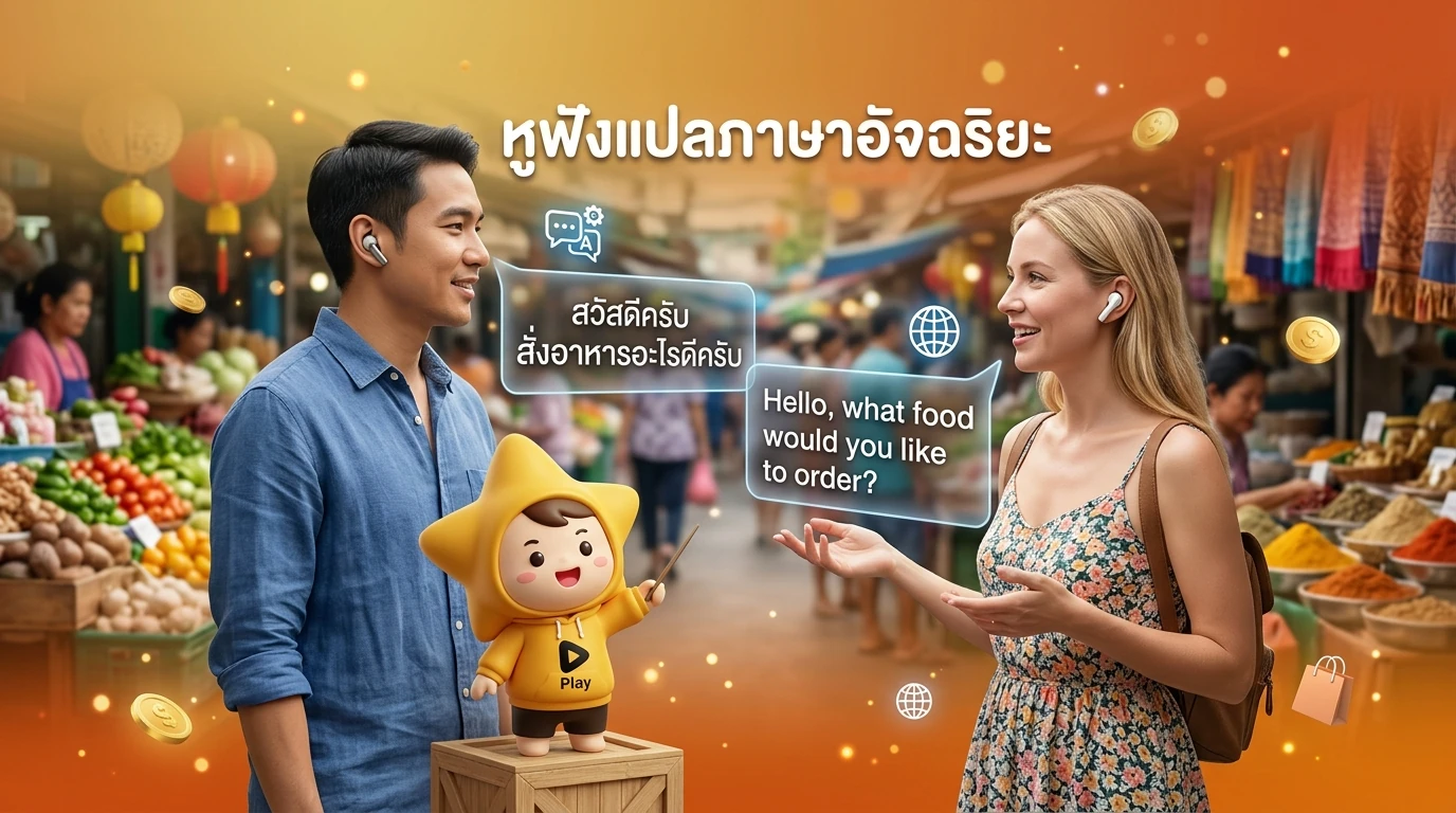 A person wearing a Timekettle earbud talking to a foreigner in a busy market, with a visual representation of instant translation text appearing between them