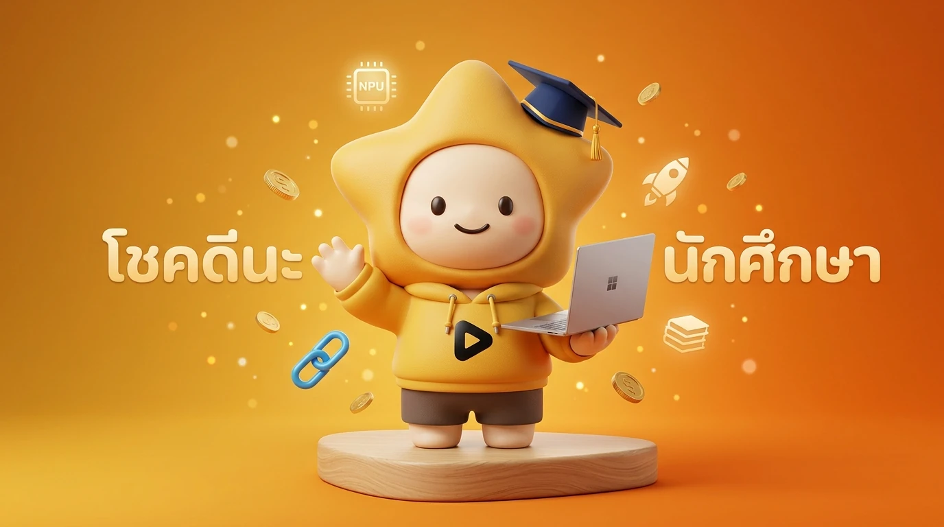 Nong Dee Jing mascot waving goodbye with a laptop and a graduation cap
