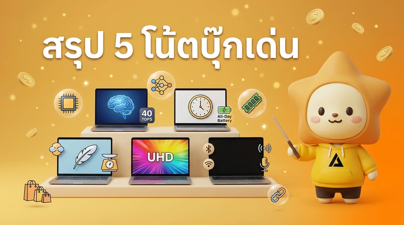 Comparison chart infographic showing the 5 laptops with icons representing their key strengths