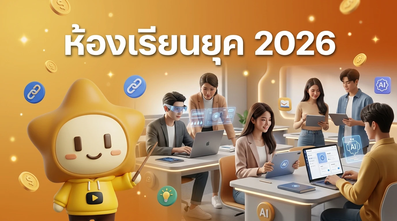 A modern 2026 classroom setting where students are using various AI-integrated gadgets like laptops, tablets, and AR glasses with a friendly atmosphere