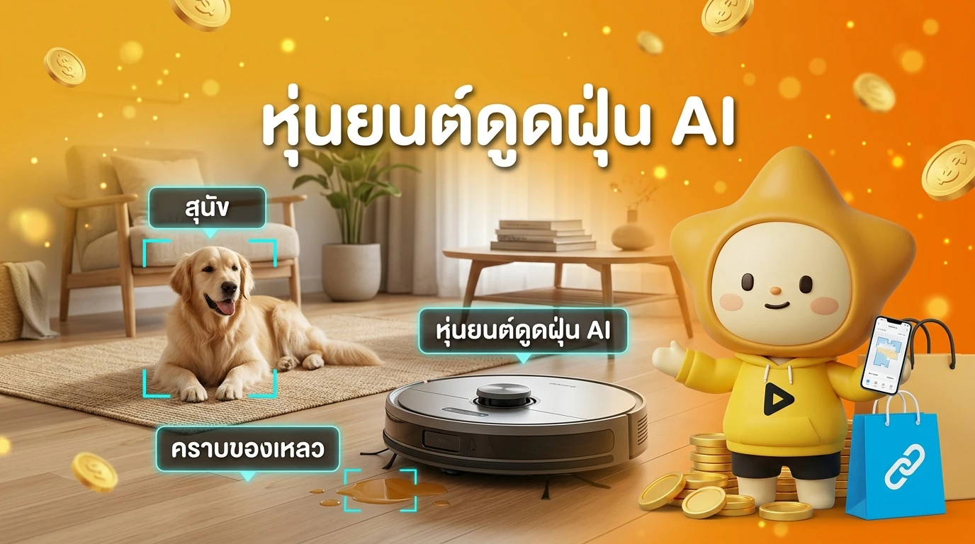 A high-end robot vacuum cleaner navigating a living room, avoiding a pet and a small liquid spill, with AI labels identifying objects