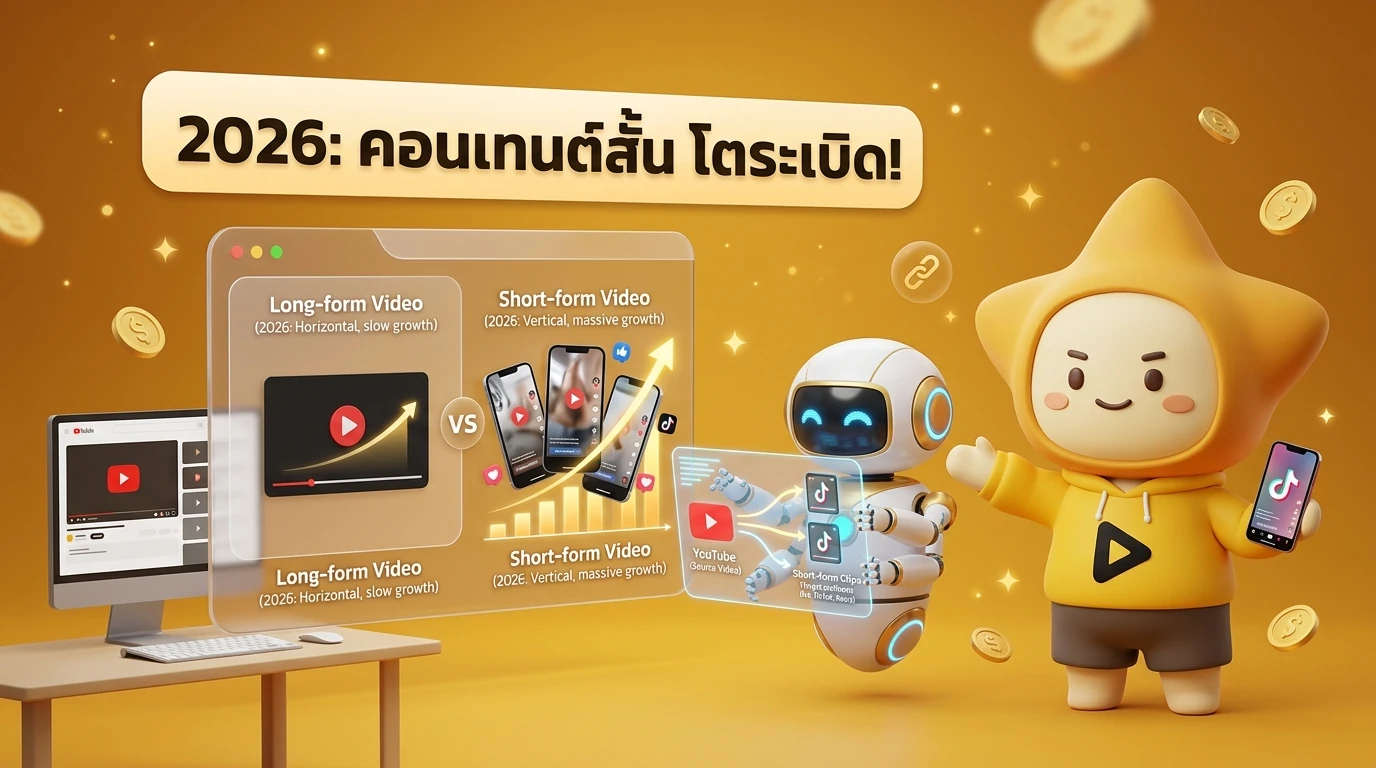 An infographic showing the 2026 trend of Short-form video vs Traditional content, with an AI robot assisting a human creator