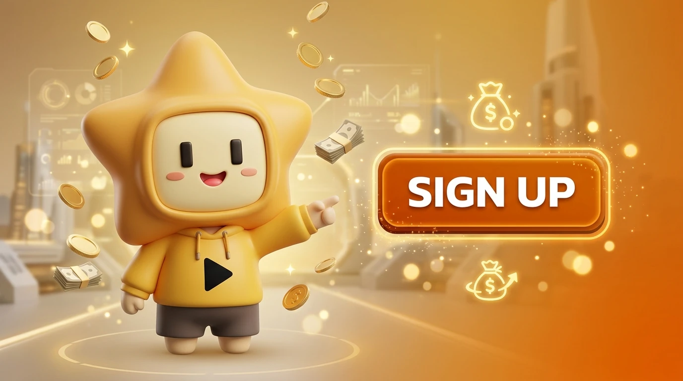 Mascot "Nong Deejing" smiling and pointing to a "Sign Up" button with floating money icons and 2026 futuristic background