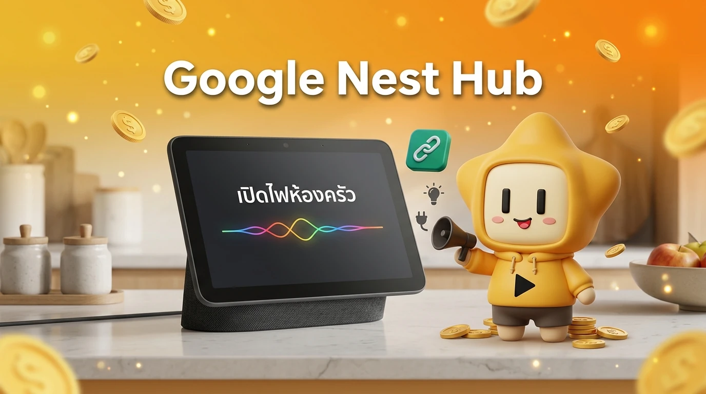 Google Nest Hub Gen 3 displayed on a modern kitchen counter showing Thai voice command visual feedback